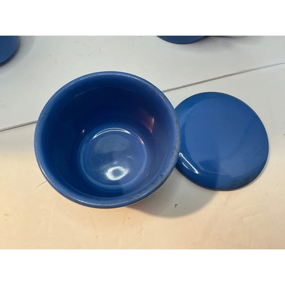 Vintage Blue Ceramic Pitcher and Lidded Bowls Set Kitchenware 3pc